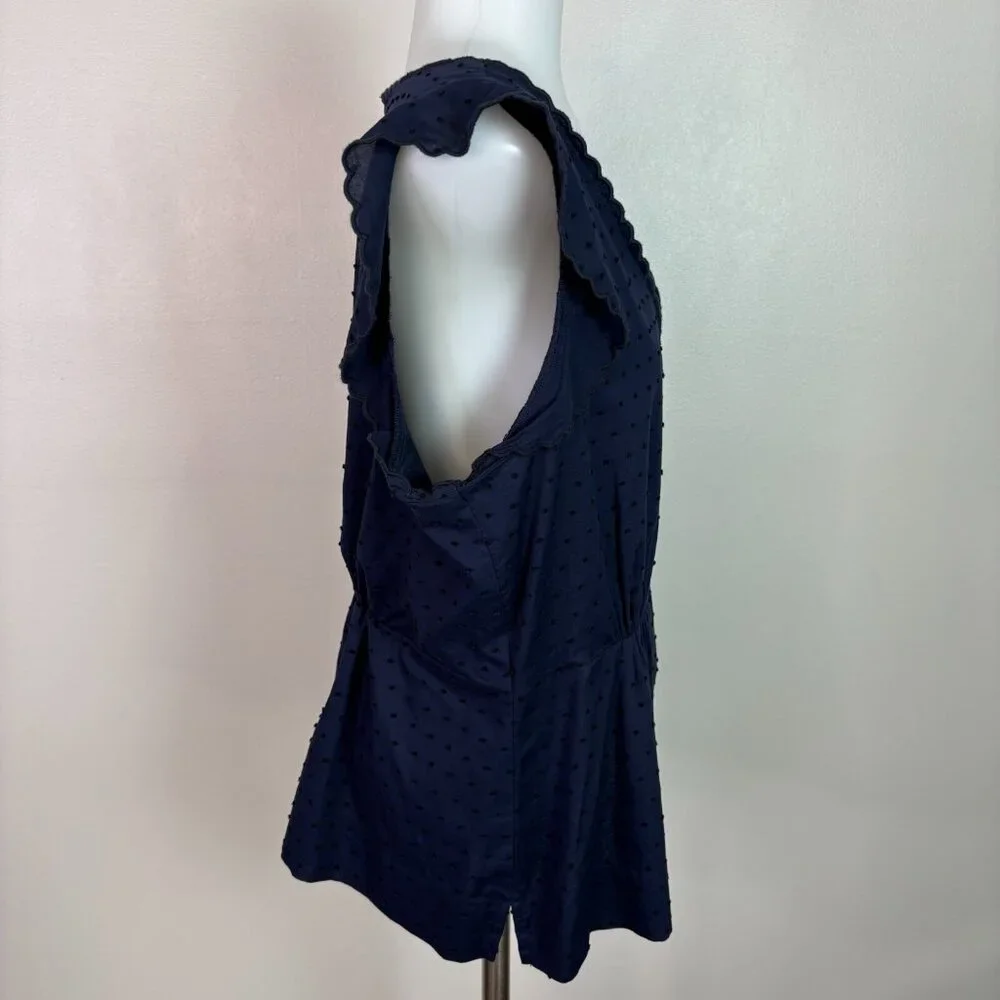 J. Crew Top 12 Navy Blue Swiss Dot Peplum Flutter Sleeve Scalloped V-Neck Blouse - Picture 6 of 11